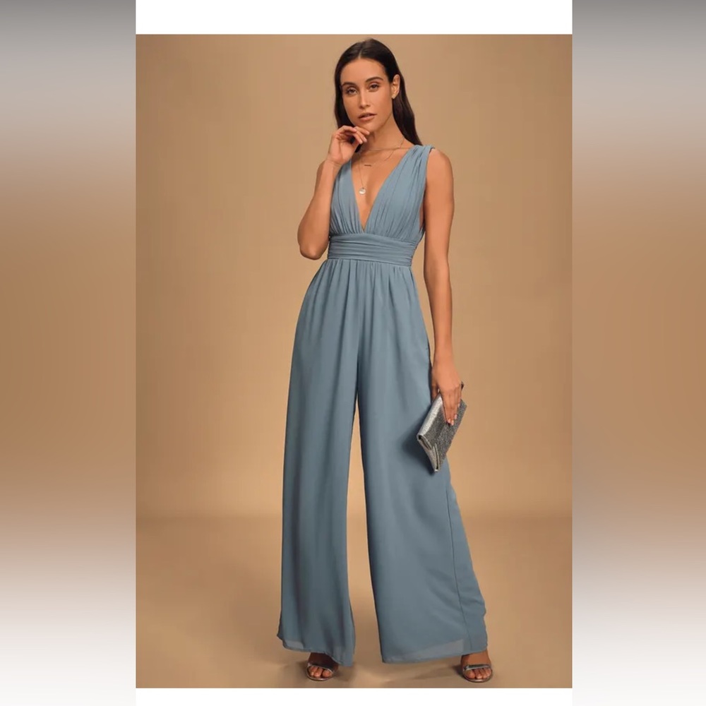 Lulu- Divine Muse Slate Blue Wide-Leg Jumpsuit